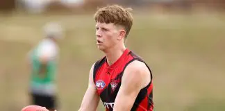 Essendon youngster grounded by injury MELBOURNE, AUSTRALIA - JANUARY 16: Angus Clarke of the Bombers in action during the Essendon Bombers AFL training session at The Hangar on January 16, 2025 in Melbourne, Australia. (Photo by Michael Willson/AFL Photos via Getty Images)