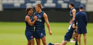 “We’ve asked the question”: Rival confirms interest in Geelong defender GEELONG, AUSTRALIA - FEBRUARY 19: Lawson Humphries and George Stevens of the Cats train during a Geelong Cats AFL training session at GMHBA Stadium on February 19, 2025 in Geelong, Australia. (Photo by Morgan Hancock/Getty Images)