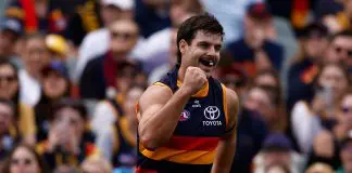 ADELAIDE, AUSTRALIA - MARCH 16: Darcy Fogarty of the Crows celebrates during the 2025 AFL Round 01 match between the Adelaide Crows and the St Kilda Saints at Adelaide Oval on March 16, 2025 in Adelaide, Australia. (Photo by Michael Willson/AFL Photos via Getty Images)