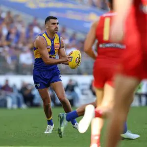 PERTH, AUSTRALIA - MARCH 16: Tom Cole of the Eagles in action during the 2025 AFL Round 01 match between the West Coast Eagles and the Gold Coast Suns at Optus Stadium on March 16, 2025 in Perth, Australia. (Photo by Janelle St Pierre/AFL Photos via Getty Images)