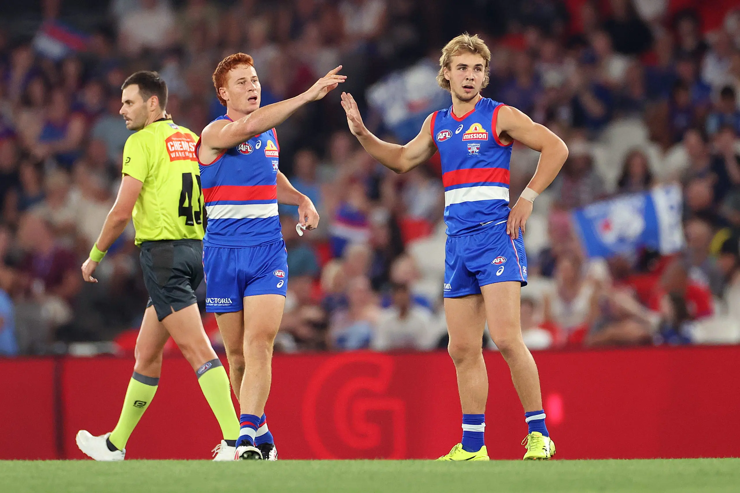 MELBOURNE, AUSTRALIA - MARCH 15: Ed Richards of the Bulldogs celebrates during the round one AFL match between Western Bulldogs and North Melbourne Kangaroos at Marvel Stadium, on March 15, 2025, in Melbourne, Australia. (Photo by Kelly Defina/AFL Photos/via Getty Images)