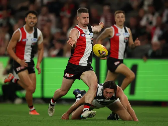 MELBOURNE, AUSTRALIA - MARCH 22: Jack Higgins of the Saints  celebrates kicks  a goal during the round two AFL match between St Kilda Saints and Geelong Cats at Marvel Stadium, on March 22, 2025, in Melbourne, Australia. (Photo by Robert Cianflone/Getty Images)