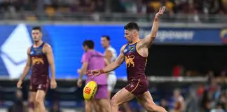 BRISBANE, AUSTRALIA - MARCH 29: Dayne Zorko of the Lions kicks during the round three AFL match between Brisbane Lions and Geelong Cats at The Gabba, on March 29, 2025, in Brisbane, Australia. (Photo by Bradley Kanaris/Getty Images)