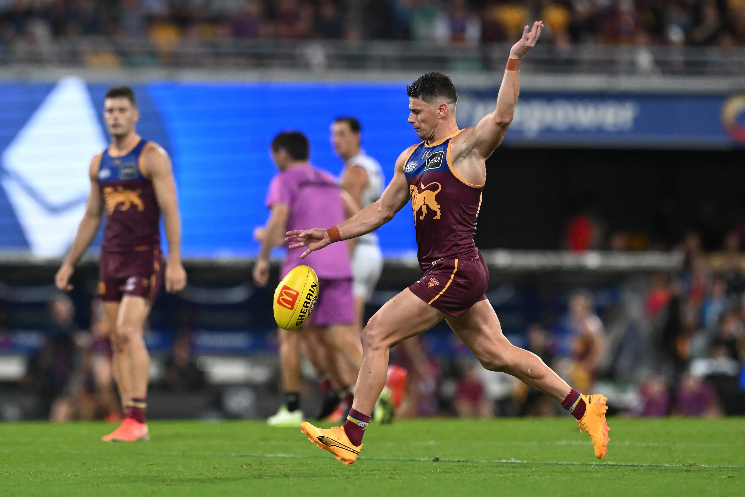 BRISBANE, AUSTRALIA - MARCH 29: Dayne Zorko of the Lions kicks during the round three AFL match between Brisbane Lions and Geelong Cats at The Gabba, on March 29, 2025, in Brisbane, Australia. (Photo by Bradley Kanaris/Getty Images)