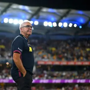 BRISBANE, AUSTRALIA - MARCH 29: Brisbane Lions senior coach Chris Fagan looks on after his team's victory during the round three AFL match between Brisbane Lions and Geelong Cats at The Gabba, on March 29, 2025, in Brisbane, Australia. (Photo by Albert Perez/AFL Photos via Getty Images)