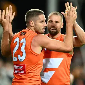 LAUNCESTON, AUSTRALIA - MARCH 29: Jesse Hogan of the Giants and Jake Stringer of the Giants celebrate a goal during the round 3 AFL match between the 
Hawthorn Hawks and GWS Giants at University of Tasmania Stadium, on March 29, 2025, in Launceston, Australia. (Photo by Steve Bell/Getty Images)