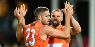 LAUNCESTON, AUSTRALIA - MARCH 29: Jesse Hogan of the Giants and Jake Stringer of the Giants celebrate a goal during the round 3 AFL match between the 
Hawthorn Hawks and GWS Giants at University of Tasmania Stadium, on March 29, 2025, in Launceston, Australia. (Photo by Steve Bell/Getty Images)