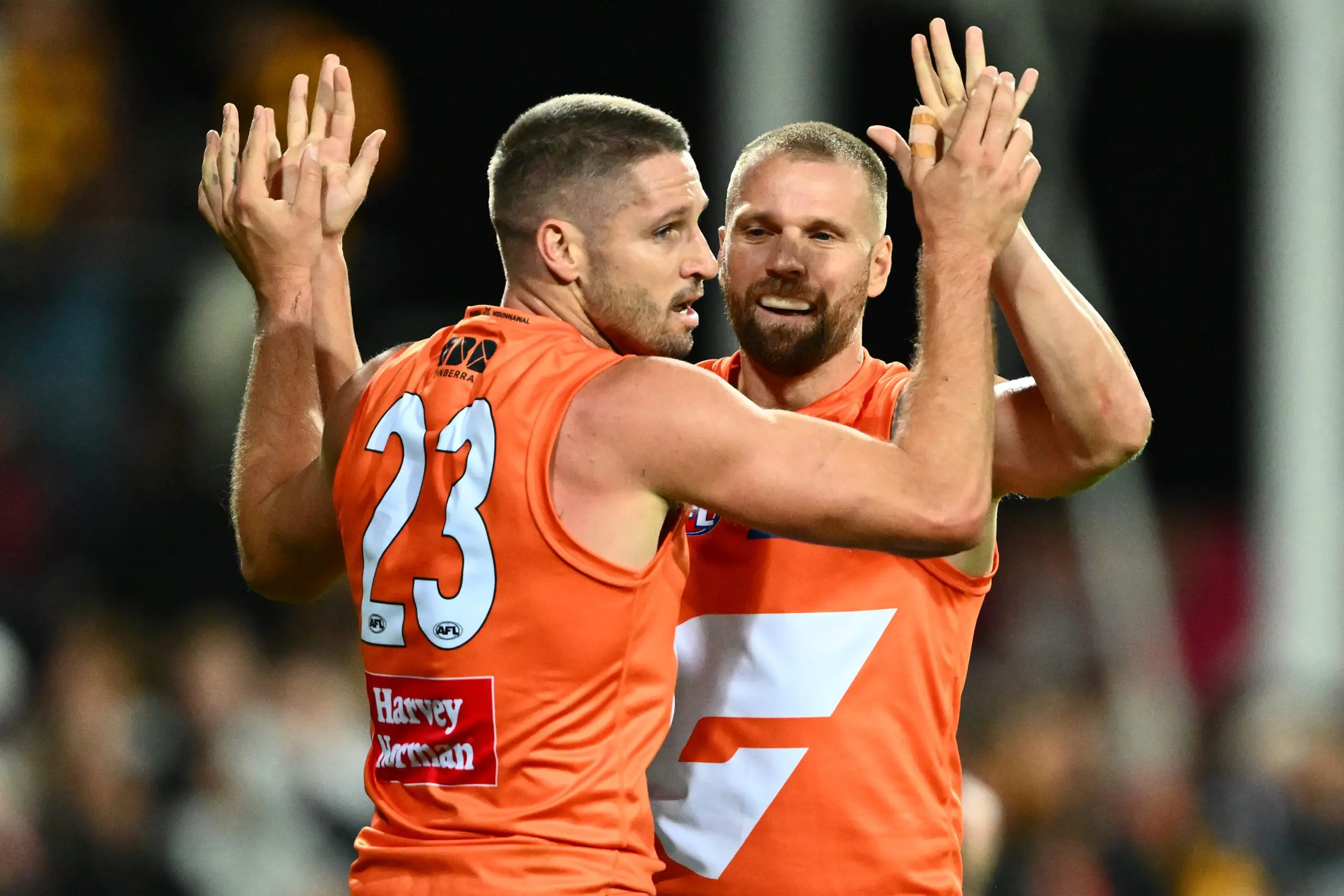 LAUNCESTON, AUSTRALIA - MARCH 29: Jesse Hogan of the Giants and Jake Stringer of the Giants celebrate a goal during the round 3 AFL match between the Hawthorn Hawks and GWS Giants at University of Tasmania Stadium, on March 29, 2025, in Launceston, Australia. (Photo by Steve Bell/Getty Images)