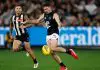 Carlton veteran to go around again after signing extension MELBOURNE, AUSTRALIA - APRIL 03: Mitch McGovern of the Blues kicks the ball during the 2025 AFL Round 04 match between the Collingwood Magpies and the Carlton Blues at the Melbourne Cricket Ground on April 3, 2025 in Melbourne, Australia. (Photo by Michael Willson/AFL Photos via Getty Images)