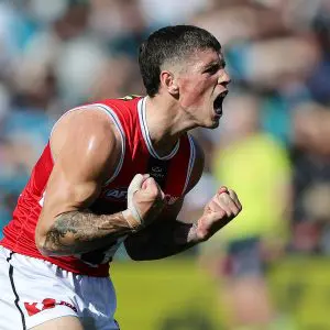 ADELAIDE, AUSTRALIA - APRIL 06: Max Hall of the Saints celebrates a goal during the 2025 AFL Round 04 match between the Port Adelaide Power and the St Kilda Saints at Adelaide Oval on April 6, 2025 in Adelaide, Australia. (Photo by Sarah Reed/AFL Photos via Getty Images)