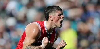 ADELAIDE, AUSTRALIA - APRIL 06: Max Hall of the Saints celebrates a goal during the 2025 AFL Round 04 match between the Port Adelaide Power and the St Kilda Saints at Adelaide Oval on April 6, 2025 in Adelaide, Australia. (Photo by Sarah Reed/AFL Photos via Getty Images)