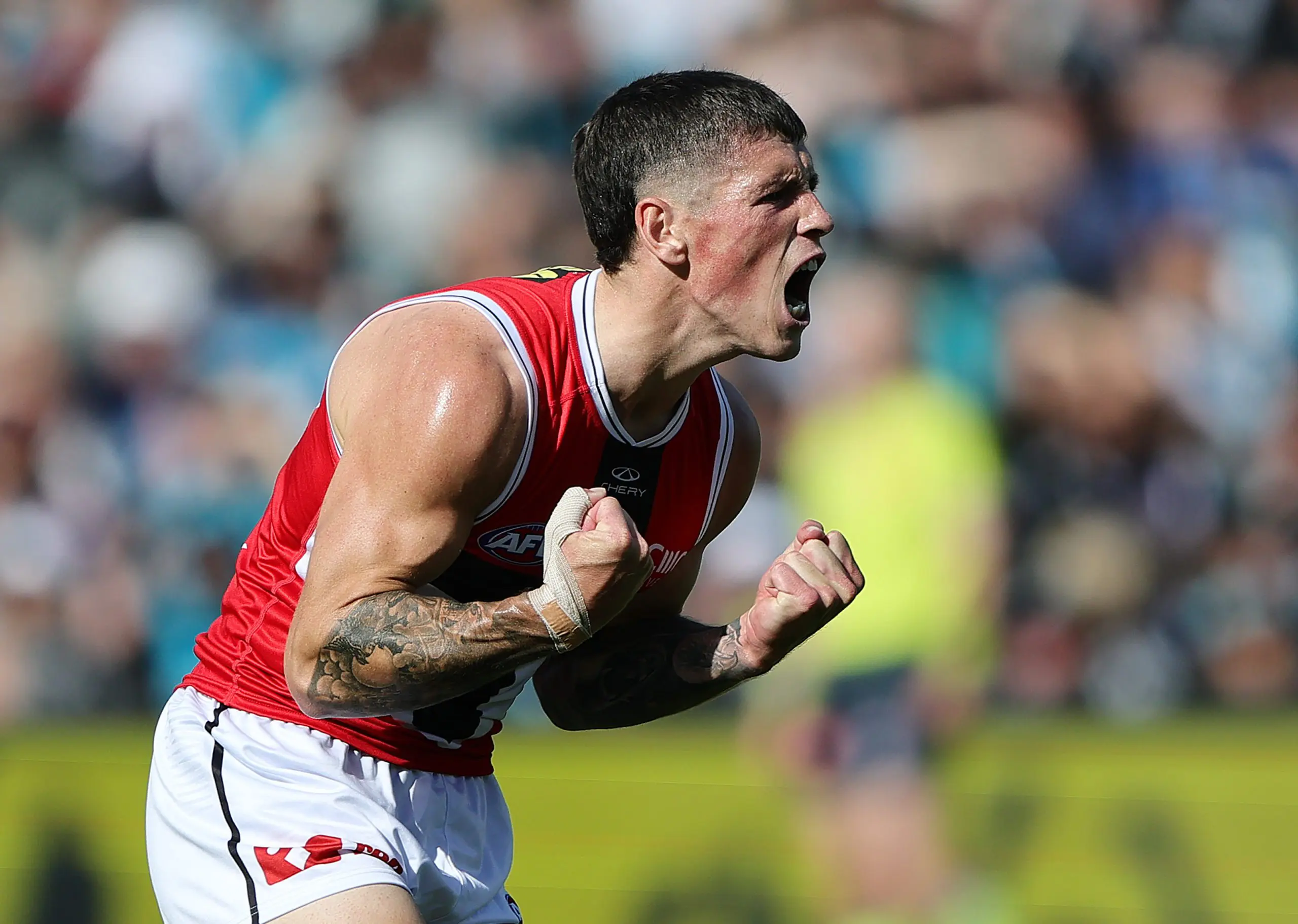 ADELAIDE, AUSTRALIA - APRIL 06: Max Hall of the Saints celebrates a goal during the 2025 AFL Round 04 match between the Port Adelaide Power and the St Kilda Saints at Adelaide Oval on April 6, 2025 in Adelaide, Australia. (Photo by Sarah Reed/AFL Photos via Getty Images)