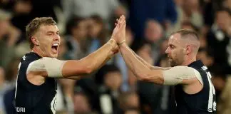 “I find that a bit hard to cop”: Former Blues skipper responds to Voss’ comments MELBOURNE, AUSTRALIA - APRIL 03: Patrick Cripps of the Blues is congratulated by Sam Docherty after kicking a goal during the round four AFL match between Collingwood Magpies and Carlton Blues at Melbourne Cricket Ground, on April 03, 2025, in Melbourne, Australia. (Photo by Robert Cianflone/Getty Images)