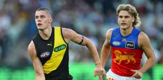 FINAL TEAMS: Richmond vs Brisbane – Round 14, 2026 MELBOURNE, AUSTRALIA - APRIL 05: James Trezise of the Tigers handballs during the round four AFL match between Richmond Tigers and Brisbane Lions at Melbourne Cricket Ground, on April 05, 2025, in Melbourne, Australia. (Photo by Quinn Rooney/Getty Images)