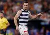 ADELAIDE, AUSTRALIA - APRIL 10: Patrick Dangerfield of the Cats celebrates a goal during the 2025 AFL Round 05 match between the Adelaide Crows and the Geelong Cats at Adelaide Oval on April 10, 2025 in Adelaide, Australia. (Photo by Michael Willson/AFL Photos via Getty Images)