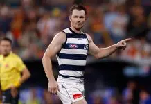 Another star Cat in doubt for Opening Round ADELAIDE, AUSTRALIA - APRIL 10: Patrick Dangerfield of the Cats celebrates a goal during the 2025 AFL Round 05 match between the Adelaide Crows and the Geelong Cats at Adelaide Oval on April 10, 2025 in Adelaide, Australia. (Photo by Michael Willson/AFL Photos via Getty Images)