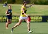 MELBOURNE, AUSTRALIA - APRIL 13: Tom McCarthy of the Tigers kicks during the Marsh AFL National Academy Boys match between Australia U18 and Richmond VFL at RSEA Park on April 13, 2025 in Melbourne, Australia. (Photo by Josh Chadwick/AFL Photos/via Getty Images)
