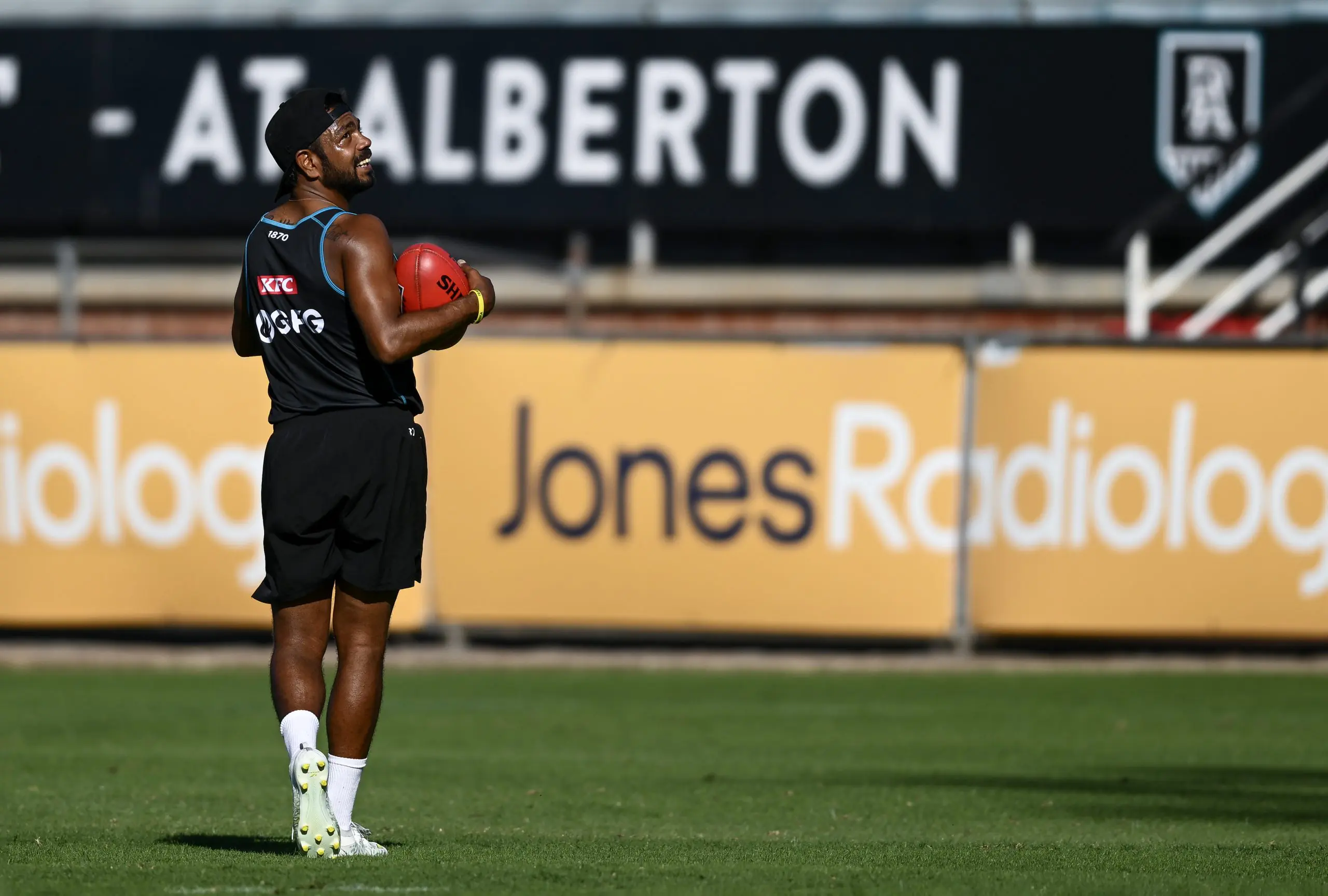 ADELAIDE, AUSTRALIA - APRIL 16: Willie Rioli of the Power during a Port Adelaide Power AFL training session at Alberton Oval on April 16, 2025 in Adelaide, Australia. (Photo by Mark Brake/Getty Images)