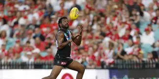 SYDNEY, AUSTRALIA - APRIL 20: Willie Rioli of the Power marks the ball during the round six AFL match between Sydney Swans and Port Adelaide Power at Sydney Cricket Ground, on April 20, 2025, in Sydney, Australia. (Photo by Darrian Traynor/AFL Photos/via Getty Images)