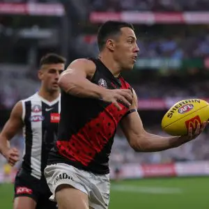 MELBOURNE, AUSTRALIA - APRIL 25: Dylan Shiel of the Bombers during the 2025 AFL Round 07 match between the Collingwood Magpies and the Essendon Bombers at the Melbourne Cricket Ground on April 25, 2025 in Melbourne, Australia. (Photo by James Wiltshire/AFL Photos via Getty Images)
