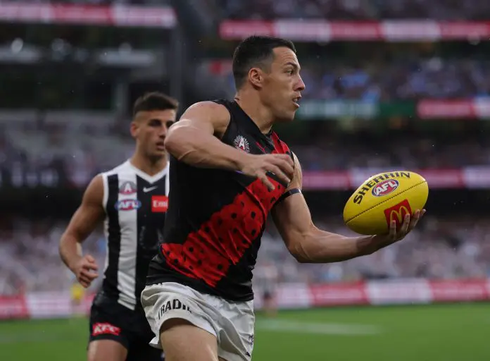 MELBOURNE, AUSTRALIA - APRIL 25: Dylan Shiel of the Bombers during the 2025 AFL Round 07 match between the Collingwood Magpies and the Essendon Bombers at the Melbourne Cricket Ground on April 25, 2025 in Melbourne, Australia. (Photo by James Wiltshire/AFL Photos via Getty Images)