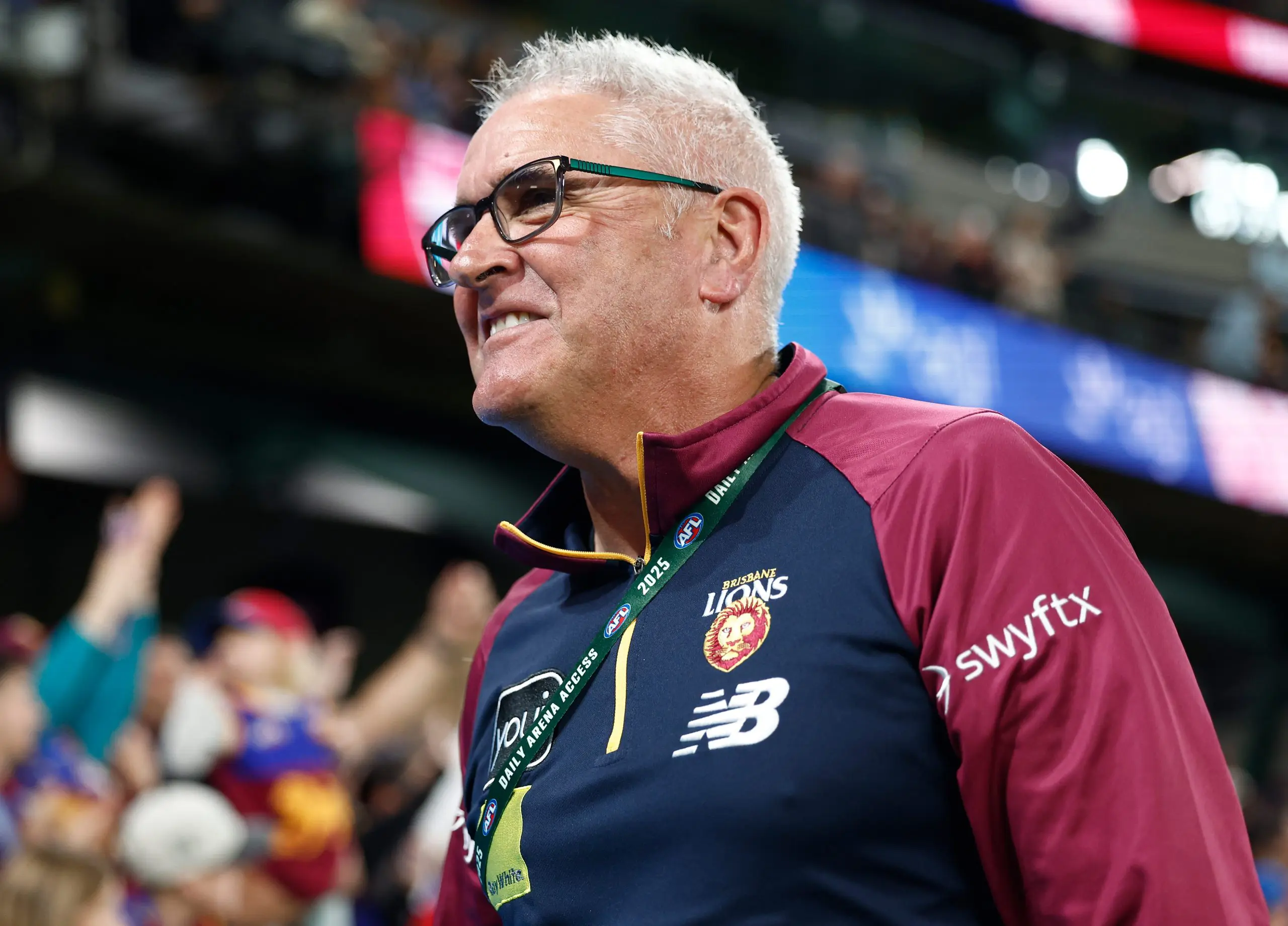 MELBOURNE, AUSTRALIA - APRIL 26: Chris Fagan, Senior Coach of the Lions celebrates during the 2025 AFL Round 07 match between the St Kilda Saints and the Brisbane Lions at Marvel Stadium on April 26, 2025 in Melbourne, Australia. (Photo by Michael Willson/AFL Photos via Getty Images)