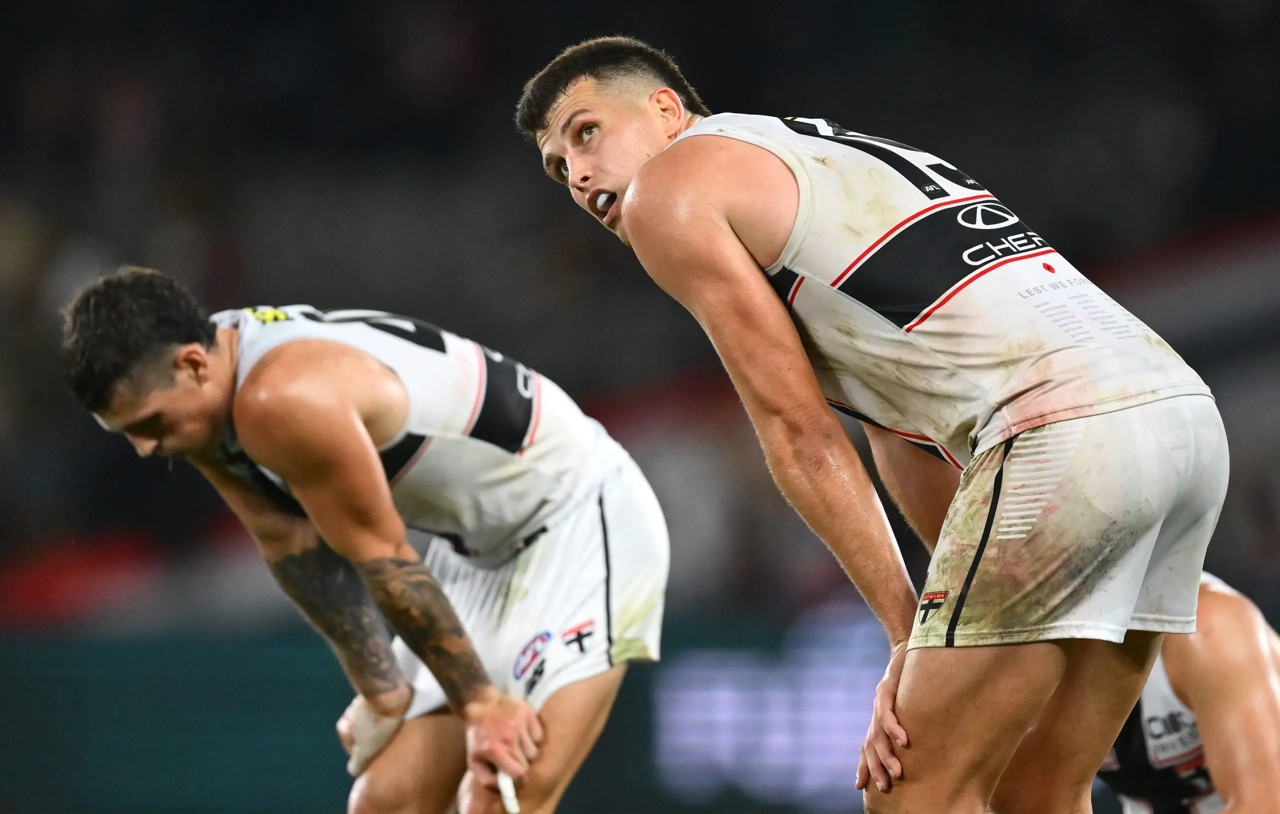MELBOURNE, AUSTRALIA - APRIL 26: Rowan Marshall of the Saints looks dejected after losing the round seven AFL match between St Kilda Saints and Brisbane Lions at Marvel Stadium, on April 26, 2025, in Melbourne, Australia. (Photo by Quinn Rooney/Getty Images)