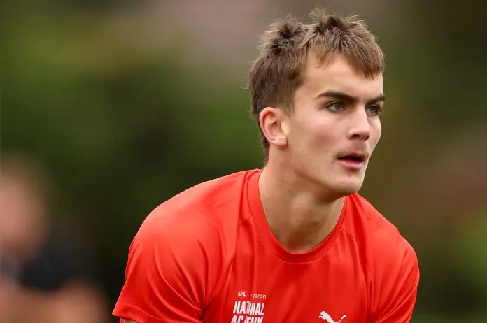 MELBOURNE, AUSTRALIA - APRIL 27: Lachlan Carmichael of the AFL National Academy warms up ahead of the Marsh AFL National Academy Boys match between Australia U18 and Coburg VFL at Whitten Oval on April 27, 2025 in Melbourne, Australia. (Photo by Josh Chadwick/AFL Photos/via Getty Images)