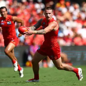 GOLD COAST, AUSTRALIA - APRIL 27: Bailey Humphrey of the Suns kicks during the round seven AFL match between Gold Coast Suns and Sydney Swans at People First Stadium, on April 27, 2025, in Gold Coast, Australia. (Photo by Chris Hyde/Getty Images)