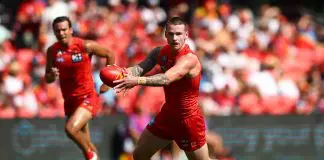 GOLD COAST, AUSTRALIA - APRIL 27: Bailey Humphrey of the Suns kicks during the round seven AFL match between Gold Coast Suns and Sydney Swans at People First Stadium, on April 27, 2025, in Gold Coast, Australia. (Photo by Chris Hyde/Getty Images)