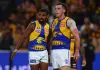 MELBOURNE, AUSTRALIA - APRIL 27: Liam Ryan and Jake Waterman of the Eagles celebrate a goal during the round seven AFL match between Hawthorn Hawks and West Coast Eagles at Marvel Stadium, on April 27, 2025, in Melbourne, Australia. (Photo by Morgan Hancock/Getty Images)