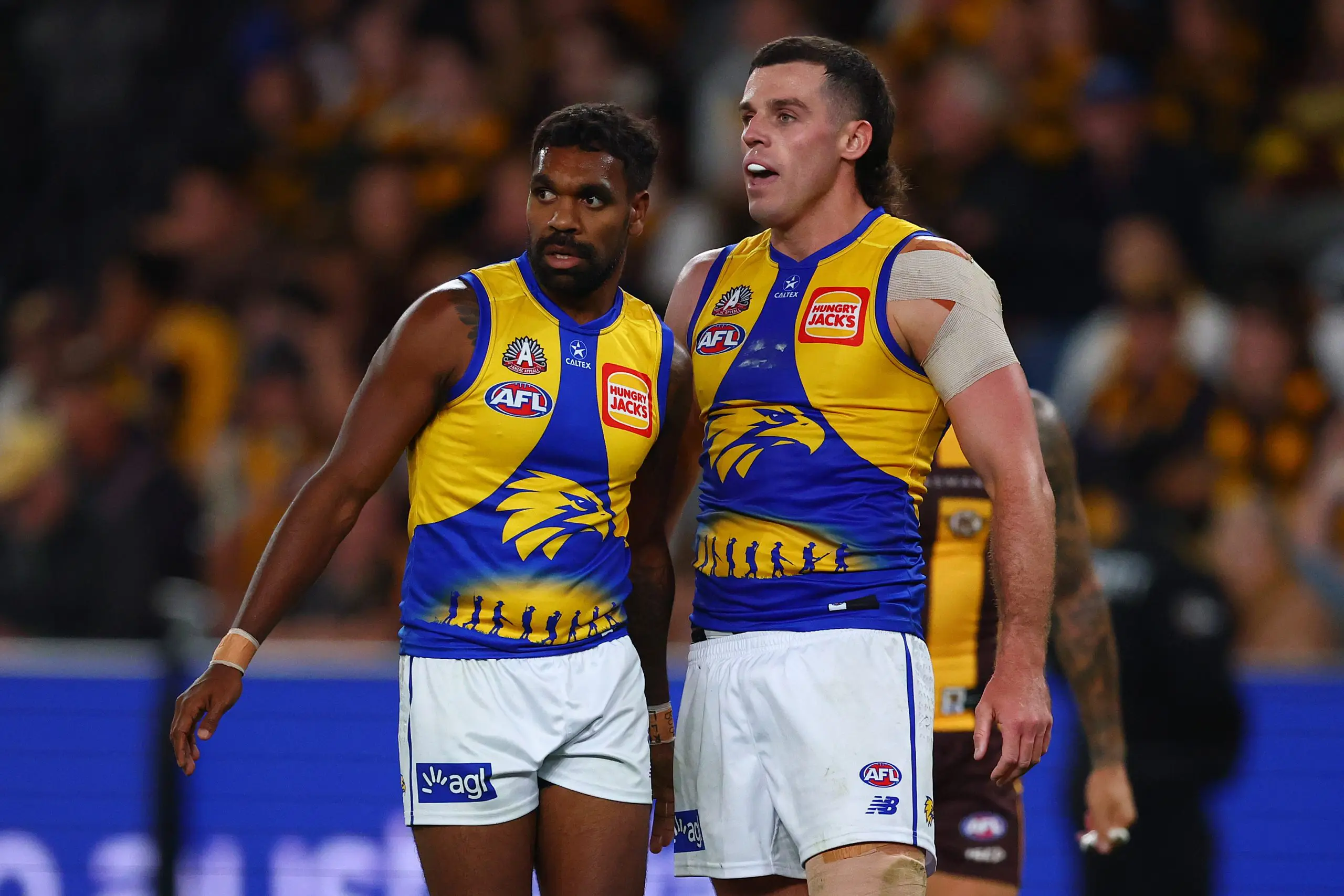 MELBOURNE, AUSTRALIA - APRIL 27: Liam Ryan and Jake Waterman of the Eagles celebrate a goal during the round seven AFL match between Hawthorn Hawks and West Coast Eagles at Marvel Stadium, on April 27, 2025, in Melbourne, Australia. (Photo by Morgan Hancock/Getty Images)