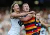ADELAIDE, AUSTRALIA - MAY 03: Tom De Koning of the Blues and Reilly O'Brien of the Crows during the 2025 AFL Round 08 match between the Adelaide Crows and the Carlton Blues at Adelaide Oval on May 3, 2025 in Adelaide, Australia. (Photo by Sarah Reed/AFL Photos via Getty Images)