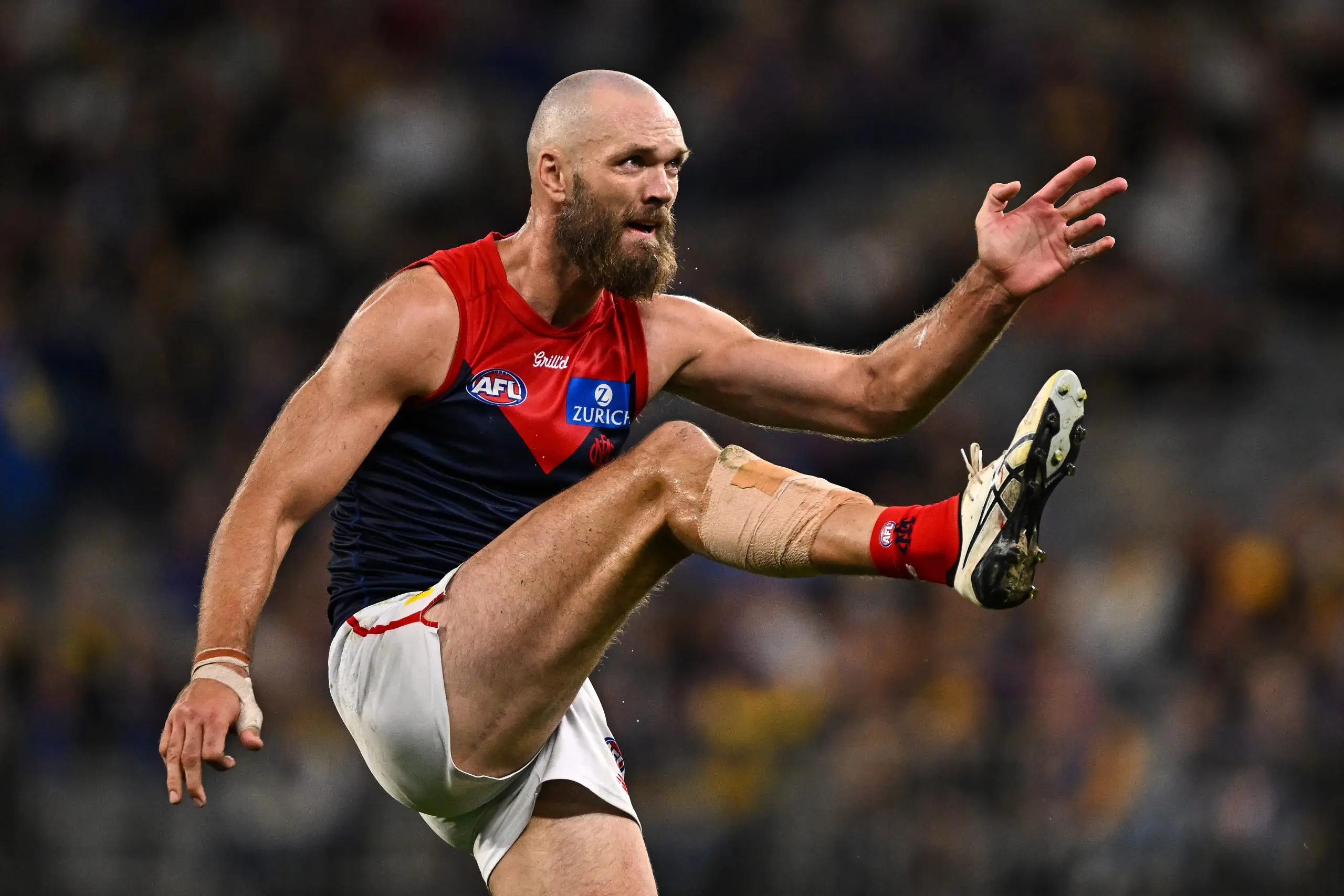 PERTH, AUSTRALIA - MAY 03: Max Gawn of the Demons kicks a goal during the 2025 AFL Round 08 match between the West Coast Eagles and the Melbourne Demons at Optus Stadium on May 3, 2025 in Perth, Australia. (Photo by Daniel Carson/AFL Photos via Getty Images)