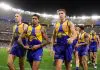 PERTH, AUSTRALIA - MAY 03: Oscar Allen, Tim Kelly & Bo Allan of the Eagles leave the field during the 2025 AFL Round 08 match between the West Coast Eagles and the Melbourne Demons at Optus Stadium on May 3, 2025 in Perth, Australia. (Photo by Janelle St Pierre/AFL Photos via Getty Images)