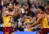 BRISBANE, AUSTRALIA - MAY 04: Darcy Gardiner of the Lions celebrates a goal during the 2025 AFL Round 08 match between the Brisbane Lions and the Gold Coast Suns at The Gabba on May 4, 2025 in Brisbane, Australia. (Photo by Russell Freeman/AFL Photos via Getty Images)