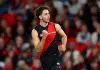 MELBOURNE, AUSTRALIA - MAY 01: Nic Martin of the Bombers celebrates kicking a goalduring the round eight AFL match between Essendon Bombers and North Melbourne Kangaroos at Marvel Stadium, on May 01, 2025, in Melbourne, Australia. (Photo by Josh Chadwick/Getty Images)
