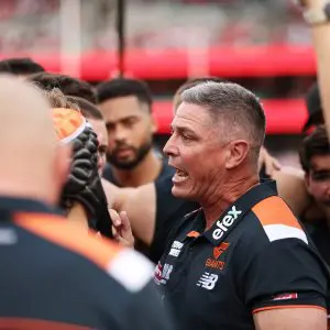 SYDNEY, AUSTRALIA - MAY 04:  Giants head coach Adam Kingsley speaks to players at three quarter time during the round eight AFL match between Sydney Swans and GWS Giants at Sydney Cricket Ground, on May 04, 2025, in Sydney, Australia. (Photo by Matt King/AFL Photos/via Getty Images)