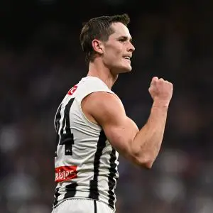 PERTH, AUSTRALIA - MAY 08: Ned Long of the Magpies celebrates a goal during the 2025 AFL Round 09 match between the Fremantle Dockers and the Collingwood Magpies at Optus Stadium on May 8, 2025 in Perth, Australia. (Photo by Daniel Carson/AFL Photos via Getty Images)