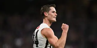 PERTH, AUSTRALIA - MAY 08: Ned Long of the Magpies celebrates a goal during the 2025 AFL Round 09 match between the Fremantle Dockers and the Collingwood Magpies at Optus Stadium on May 8, 2025 in Perth, Australia. (Photo by Daniel Carson/AFL Photos via Getty Images)