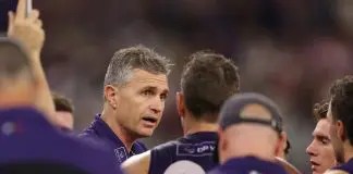 PERTH, AUSTRALIA - MAY 08: Justin Longmuir, Senior Coach of the Dockers during the 2025 AFL Round 09 match between the Fremantle Dockers and the Collingwood Magpies at Optus Stadium on May 8, 2025 in Perth, Australia. (Photo by Janelle St Pierre/AFL Photos via Getty Images)