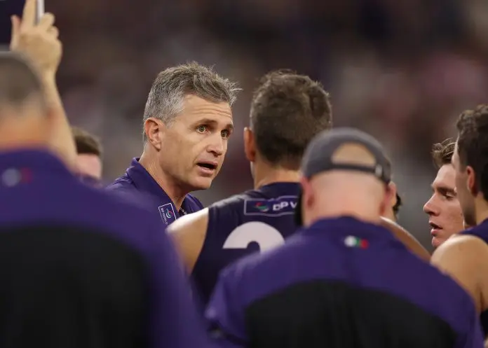 PERTH, AUSTRALIA - MAY 08: Justin Longmuir, Senior Coach of the Dockers during the 2025 AFL Round 09 match between the Fremantle Dockers and the Collingwood Magpies at Optus Stadium on May 8, 2025 in Perth, Australia. (Photo by Janelle St Pierre/AFL Photos via Getty Images)