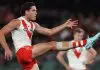 MELBOURNE, AUSTRALIA - MAY 10: Hayden McLean of the Swans celebrates a goal during the 2025 AFL Round 09 match between the Essendon Bombers and the Sydney Swans at Marvel Stadium on May 10, 2025 in Melbourne, Australia. (Photo by James Wiltshire/AFL Photos via Getty Images)
