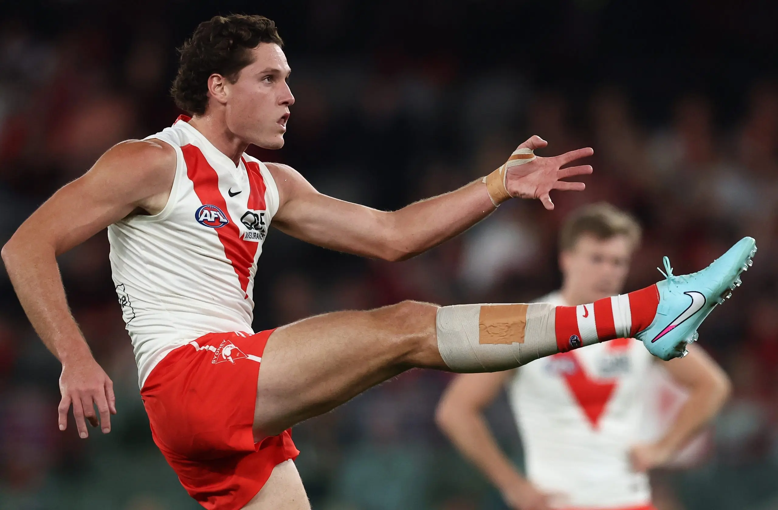 MELBOURNE, AUSTRALIA - MAY 10: Hayden McLean of the Swans celebrates a goal during the 2025 AFL Round 09 match between the Essendon Bombers and the Sydney Swans at Marvel Stadium on May 10, 2025 in Melbourne, Australia. (Photo by James Wiltshire/AFL Photos via Getty Images)