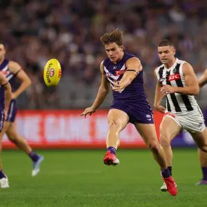 PERTH, AUSTRALIA - MAY 08: Caleb Serong of the Dockers in action during the round nine AFL match between Fremantle Dockers and Collingwood Magpies at Optus Stadium, on May 08, 2025, in Perth, Australia. (Photo by Paul Kane/Getty Images)