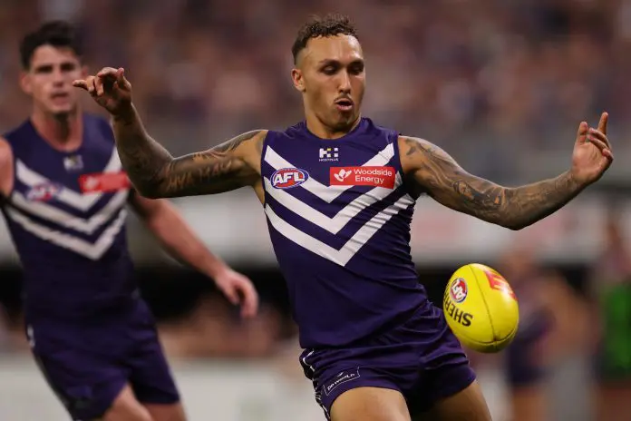 PERTH, AUSTRALIA - MAY 08: Shai Bolton of the Dockers in action during the round nine AFL match between Fremantle Dockers and Collingwood Magpies at Optus Stadium, on May 08, 2025, in Perth, Australia. (Photo by Paul Kane/Getty Images)