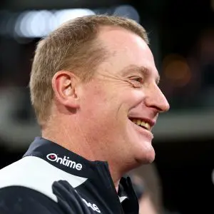 MELBOURNE, AUSTRALIA - MAY 09: Michael Voss, Senior Coach of the Blues walks out onto the field during the round nine AFL match between St Kilda Saints and Carlton Blues at Melbourne Cricket Ground, on May 09, 2025, in Melbourne, Australia. (Photo by Josh Chadwick/AFL Photos/Getty Images)