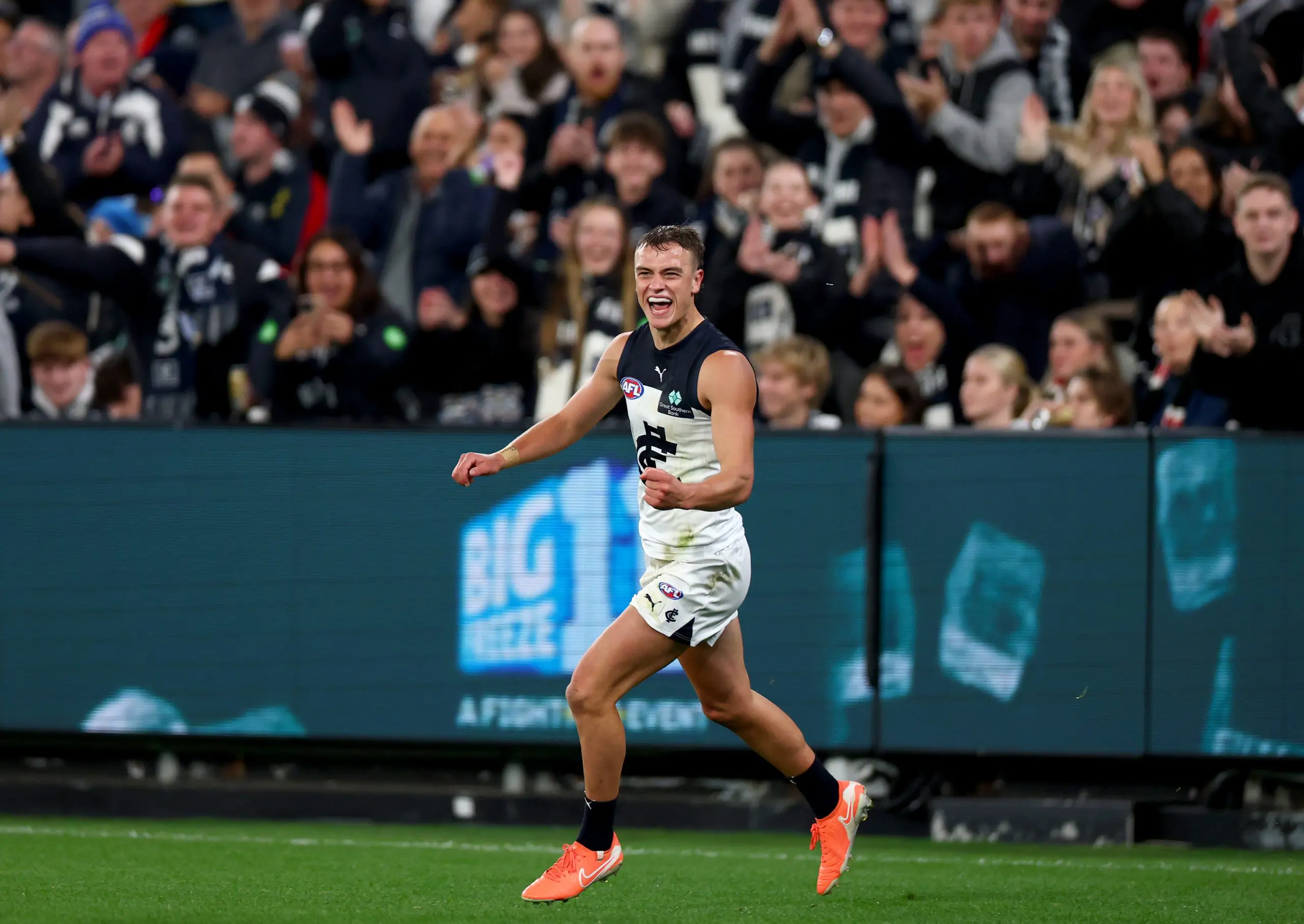 MELBOURNE, AUSTRALIA - MAY 09: Will White of the Blues celebrates kicking a goal during the round nine AFL match between St Kilda Saints and Carlton Blues at Melbourne Cricket Ground, on May 09, 2025, in Melbourne, Australia. (Photo by Josh Chadwick/AFL Photos/Getty Images)