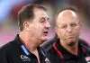 MELBOURNE, AUSTRALIA - MAY 09: Ross Lyon, Senior Coach of the Saints looks on during the round nine AFL match between St Kilda Saints and Carlton Blues at Melbourne Cricket Ground, on May 09, 2025, in Melbourne, Australia. (Photo by Josh Chadwick/AFL Photos/Getty Images)