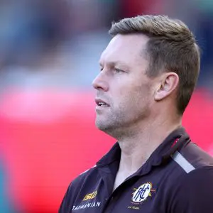MELBOURNE, AUSTRALIA - MAY 10: Sam Mitchell, Senior Coach of the Hawks looks on during the round nine AFL match between Melbourne Demons and Hawthorn Hawks at Melbourne Cricket Ground, on May 10, 2025, in Melbourne, Australia. (Photo by Josh Chadwick/AFL Photos/via Getty Images)